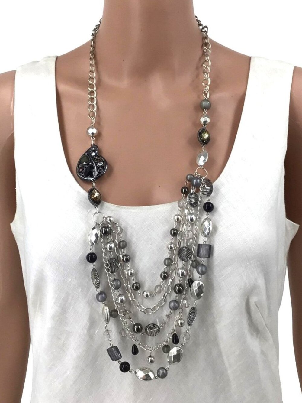5 Tier Beaded Necklace Zebra Print Silver Tone Adjustable Length Chunky